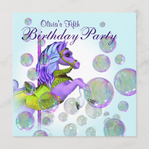 Bubbles Purple Carousel Pony Girls Birthday Party Invitation