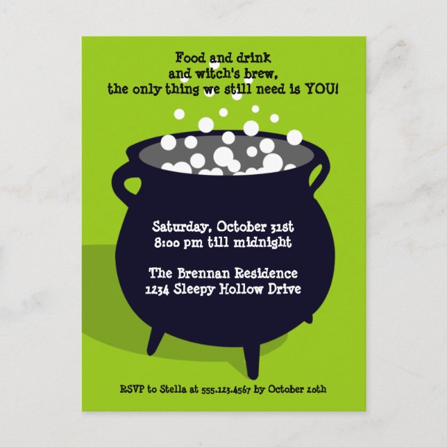 Bubbling cauldron potion green Halloween party Invitation Postcard (Front)