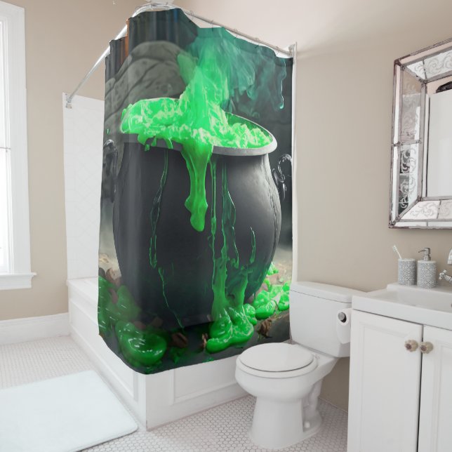 Bubbling Witch's Cauldron Halloween Shower Curtain (In Situ)