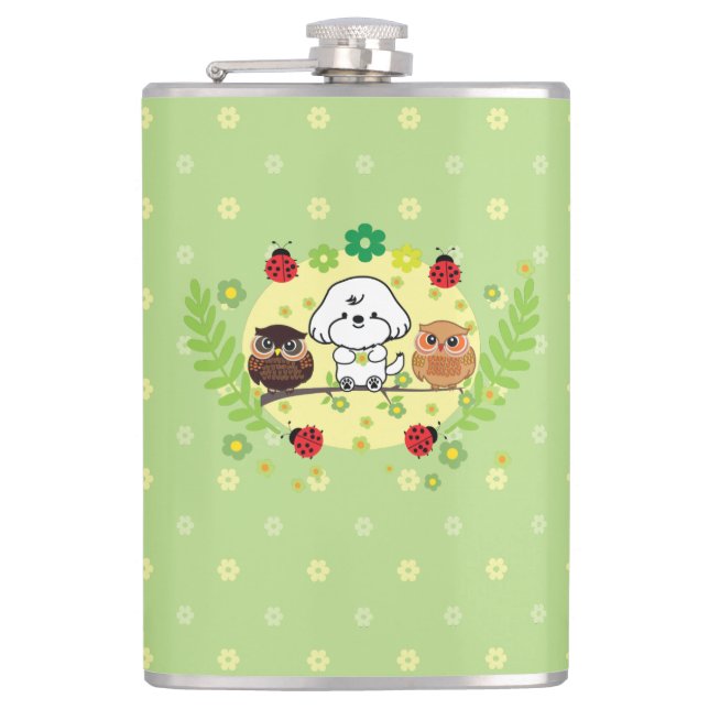 Bubbly and owls-enjoy spring hip flask (Front)