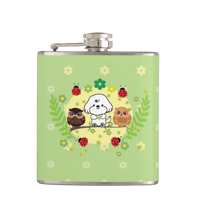 Bubbly and owls-enjoy spring hip flask (Front)