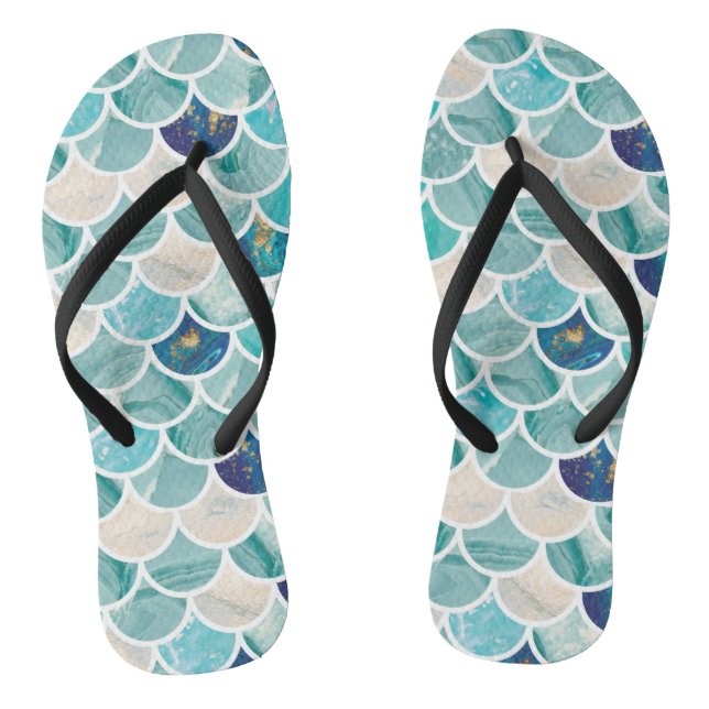 Bubbly Aqua turquoise marble mermaid fish scales Jandals (Footbed)