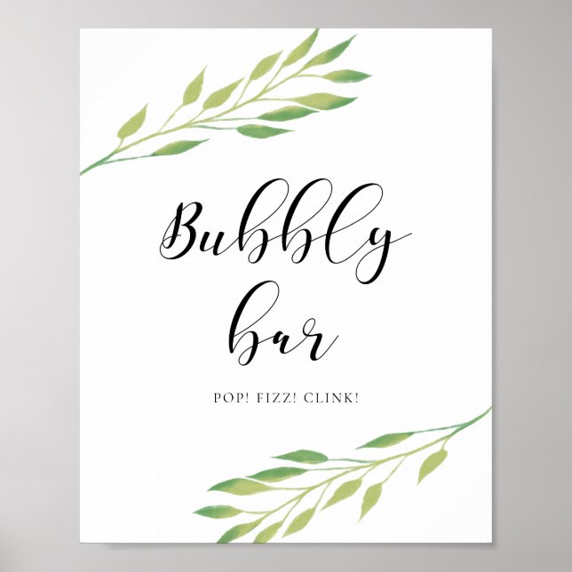 Bubbly bar Watercolor green leaves wedding sign (Front)