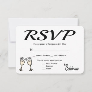 Bubbly Black, White RSVP Wedding Champagne Glasses Card