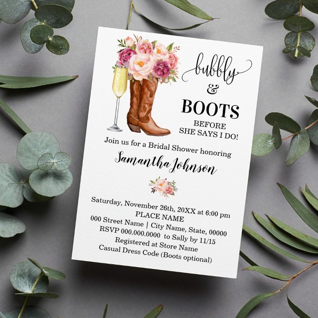 Bubbly & Boots Bridal Shower Pink flowers Invitation (Creator Uploaded)