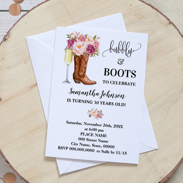 Bubbly & Boots Pink Flowers Birthday Invitation (Creator Uploaded)