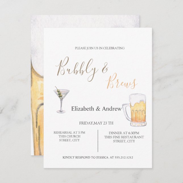 Bubbly & Braws Rehearsal Dinner Invitation (Front/Back)
