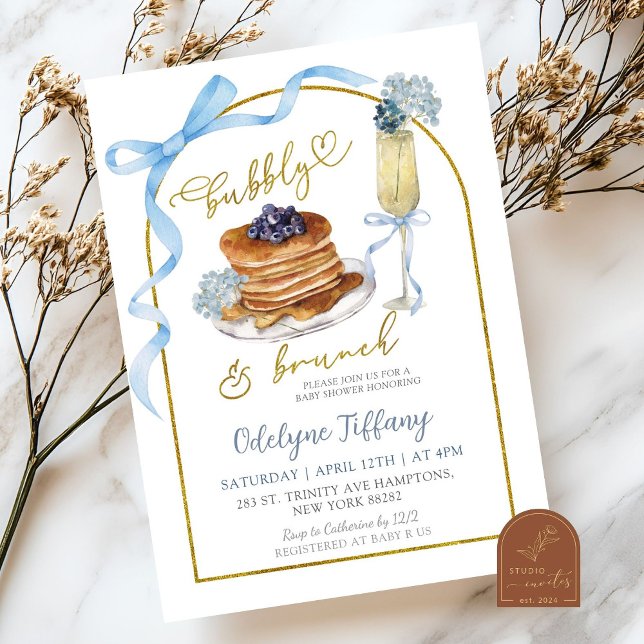 Bubbly Brunch Blue Hydrangea Baby Shower Invitation (Creator Uploaded)