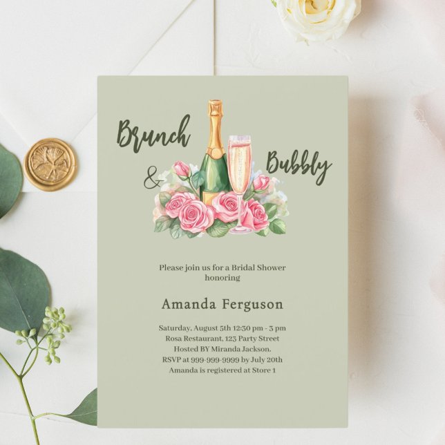 Bubbly brunch pink floral sage green Bridal Shower Invitation (Creator Uploaded)