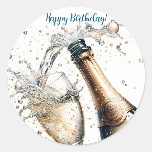 Bubbly champagne Happy Birthday Classic Round Sticker (Front)