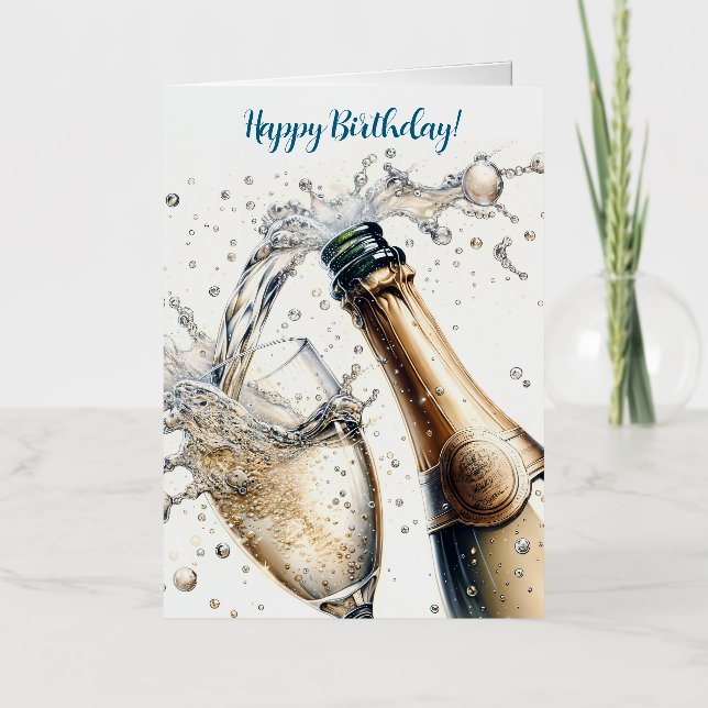 Bubbly champagne Happy Birthday Foil Greeting Card (Front)