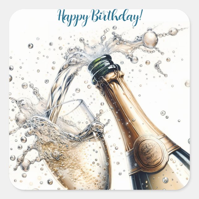 Bubbly champagne Happy Birthday Square Sticker (Front)