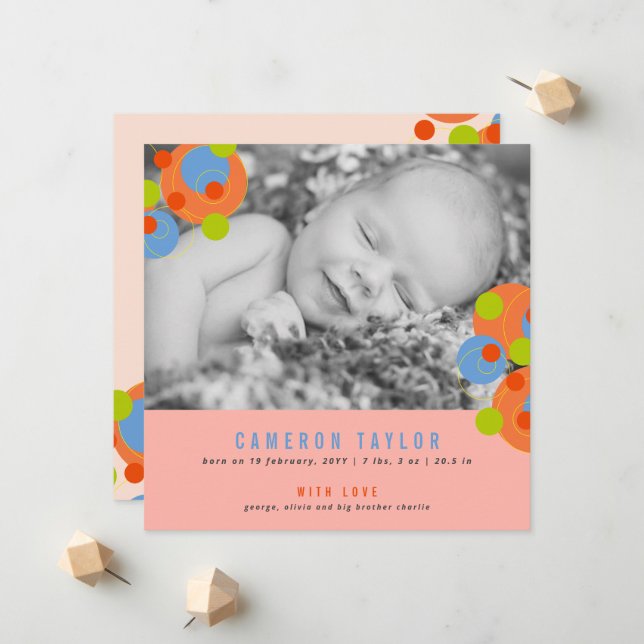 Bubbly Circles Baby Girl Photo Birth Announcement (Front/Back In Situ)