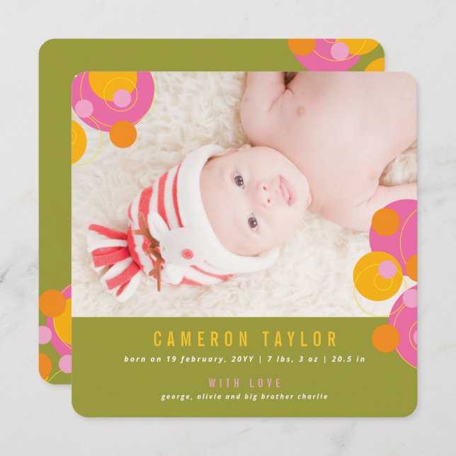 Bubbly Circles Fuchsia Pink Girl Baby Announcement (Front/Back)