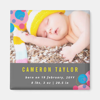 Bubbly Circles Pink Photo Baby Birth Announcement Magnet