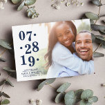 Bubbly Date | Photo Save the Date Card<br><div class="desc">Chic photo save the date cards feature your favourite horizontal or landscape orientated engagement photo with a white gradient on the left side, displaying your wedding date in classic navy blue with a unique uneven alignment for a modern look. Personalise with your names, "save the date" and wedding location beneath....</div>