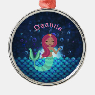 Bubbly Mermaid in Green and Blue in Moonlit Ocean Metal Tree Decoration