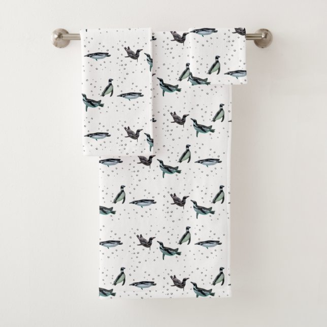 Bubbly Penguins Bathroom Towel Set (choose colour) (Insitu)