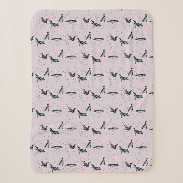 Bubbly Penguins Sherpa Blanket (Dusty Pink) (Front)