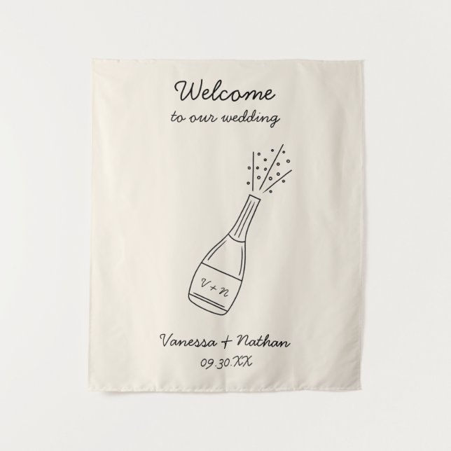 Bubbly Popping Champagne Bottle Wedding Welcome Tapestry (Front)