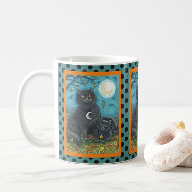 BUBO AND PYEWACKET BLACK CAT HALLOWEEN MUG Dots (With Donut)