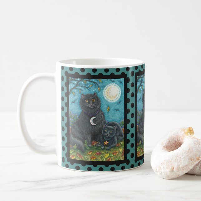 BUBO AND PYEWACKET BLACK CAT HALLOWEEN MUG Dots (With Donut)