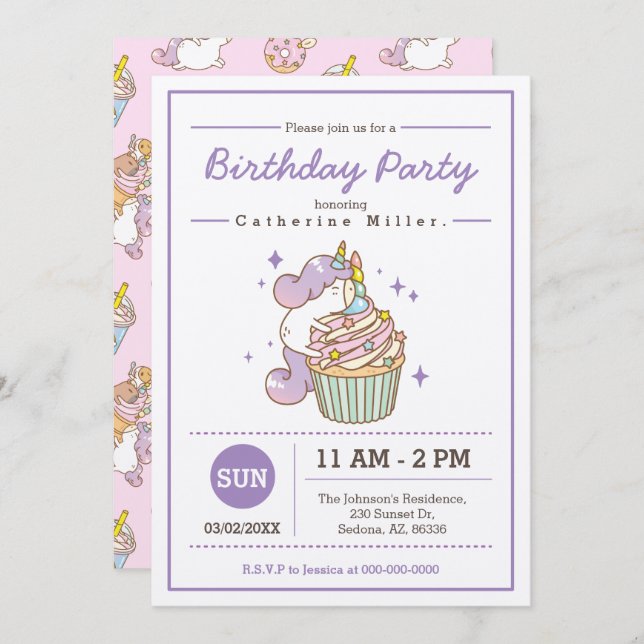 Bubu and Moonch Unicorn Birthday Invitation (Front/Back)