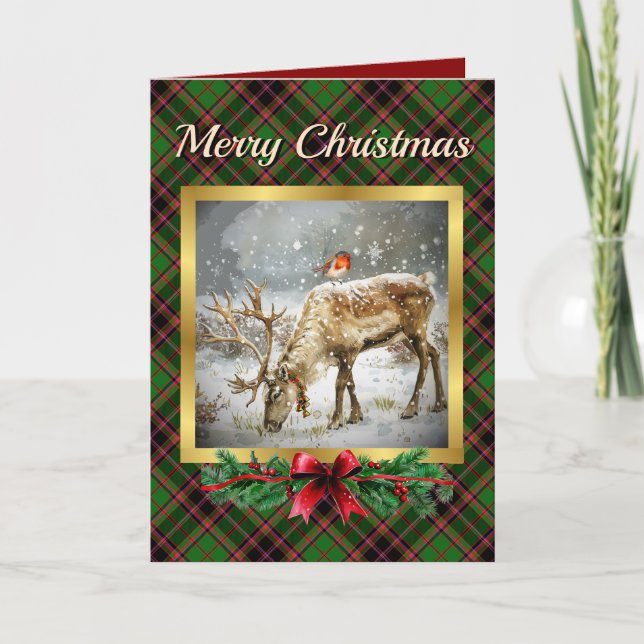 Buchan Stag & Robin Tartan Personalised  Holiday Card (Front)