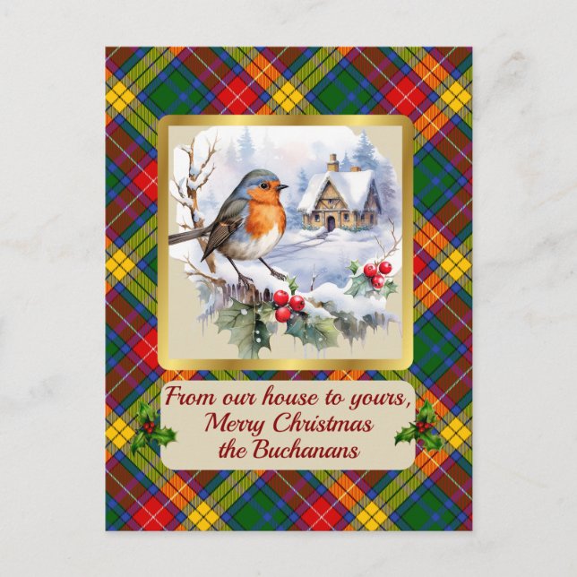 Buchanan Tartan w/Robin Personalised   Holiday Postcard (Front)
