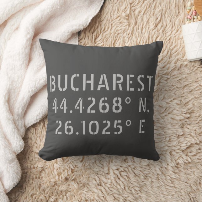 Bucharest Latitude Longitude Grey Cushion (Blanket)