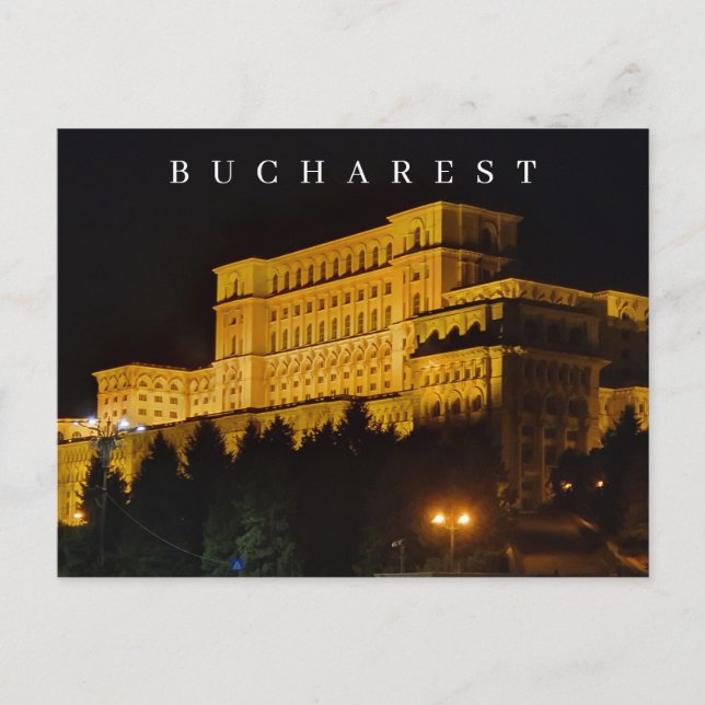 Bucharest Parliament Building night view postcard (Front)
