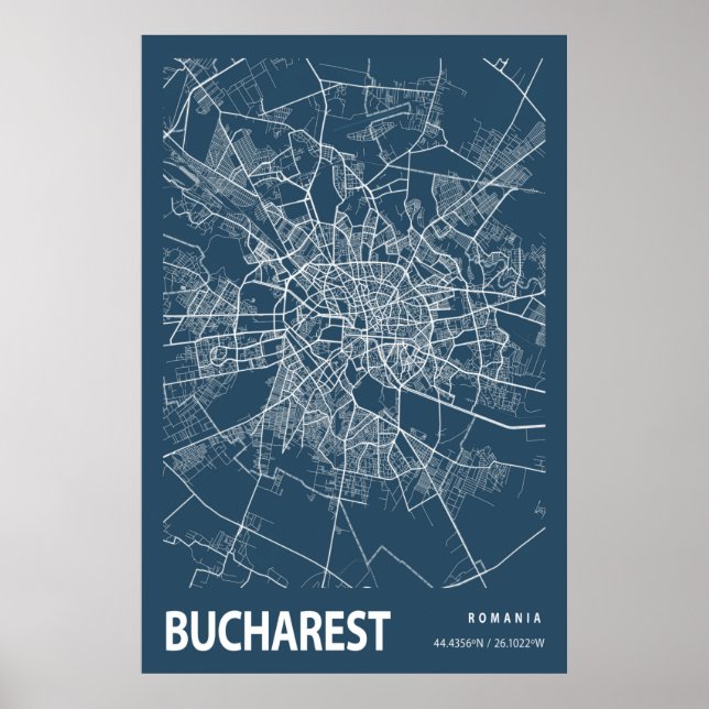 Bucharest Romania City Map Line Art Blue Print (Front)