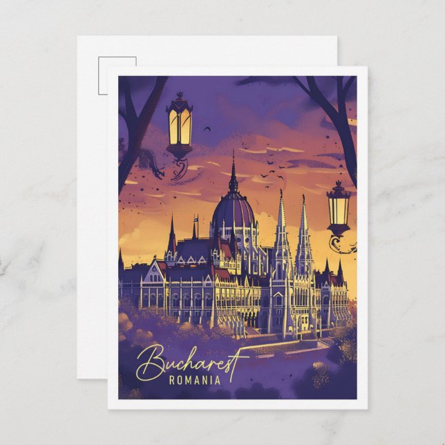 Bucharest Romania Vintage Art Travel Illustration Postcard (Front/Back)