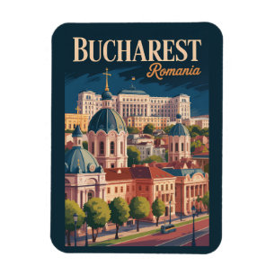 Bucharest Skyline Illustration Travel Art Vintage Magnet
