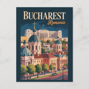 Bucharest Skyline Illustration Travel Art Vintage Postcard
