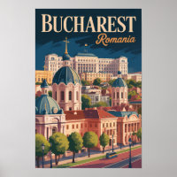 Bucharest Skyline Illustration Travel Art Vintage