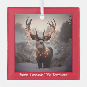 Buck and Christmas Lights Red Glass Tree Decoration