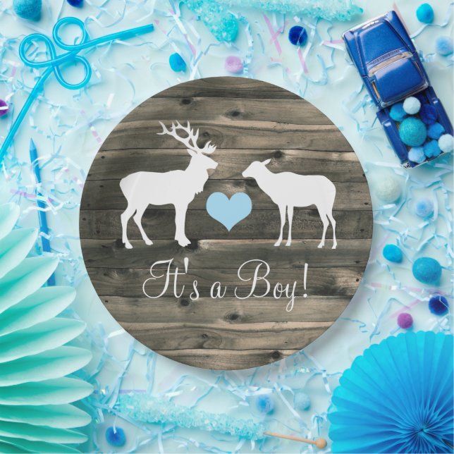 Buck and Doe (blue) Baby Shower Paper Plate (Party)