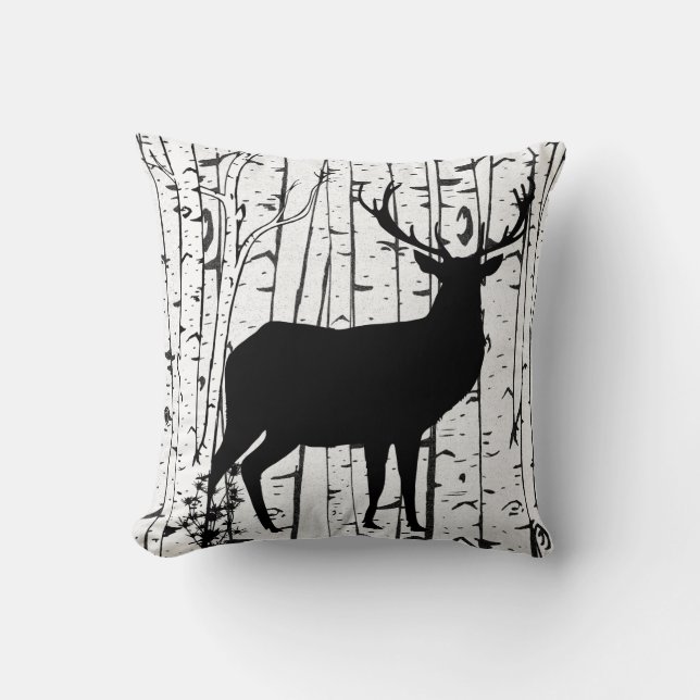 Buck and Doe Deer Birch Forest Throw Pillow (Front)