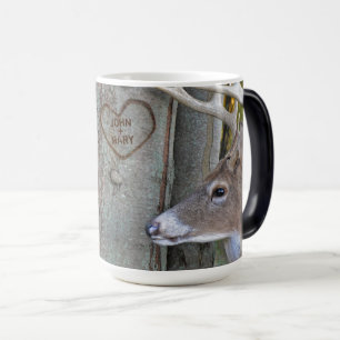 buck and doe with heart on tree with names magic mug
