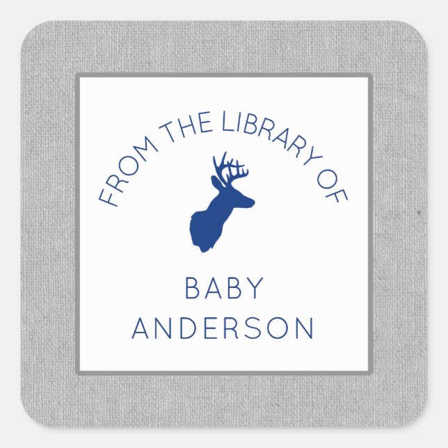 Buck baby shower bookplate, baby's first library square sticker (Front)