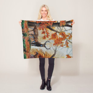 Buck Deer and doe in Autumn forest/fancy design Fleece Blanket