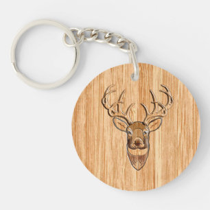 Buck Deer Head Wood Grain Style Key Ring