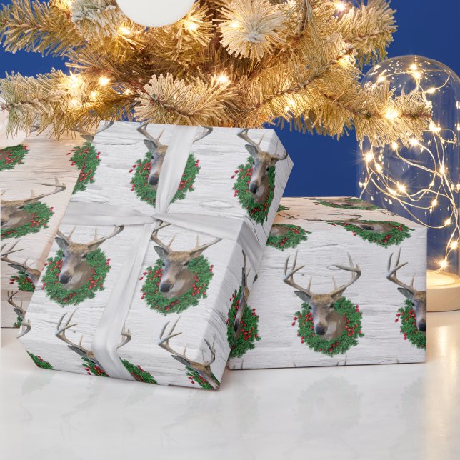 Buck Deer In Christmas Wreath On Birch Wrapping Paper (Holidays)