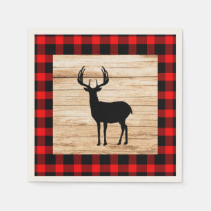 Buck Deer Silhouette Buffalo Plaid Wood Napkin