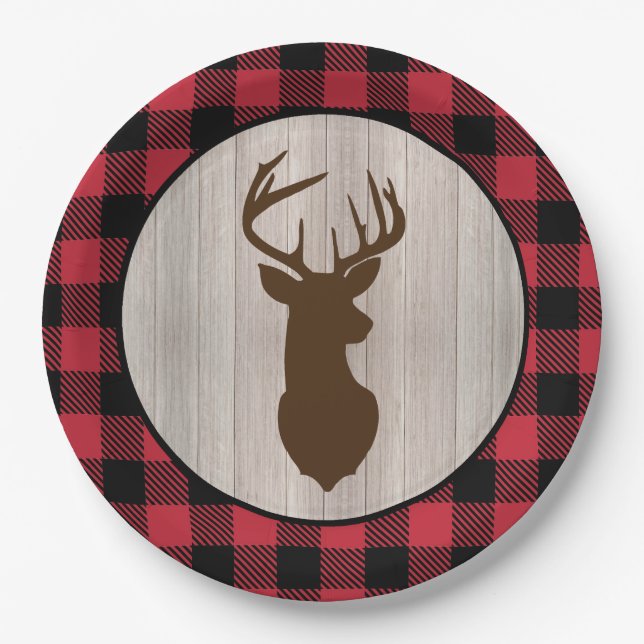 Buck Deer Silhouette Lumberjack Buffalo Plaid Paper Plate (Front)