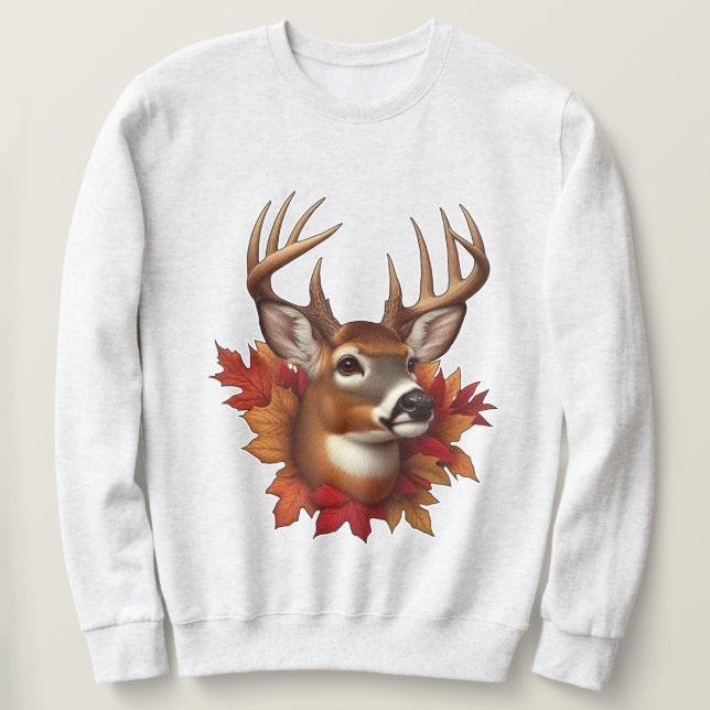 Buck Deer Surrounded by Autumn Leaves Sweatshirt (Design Front)