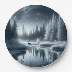 Buck In A Winter River at Night Paper Plate