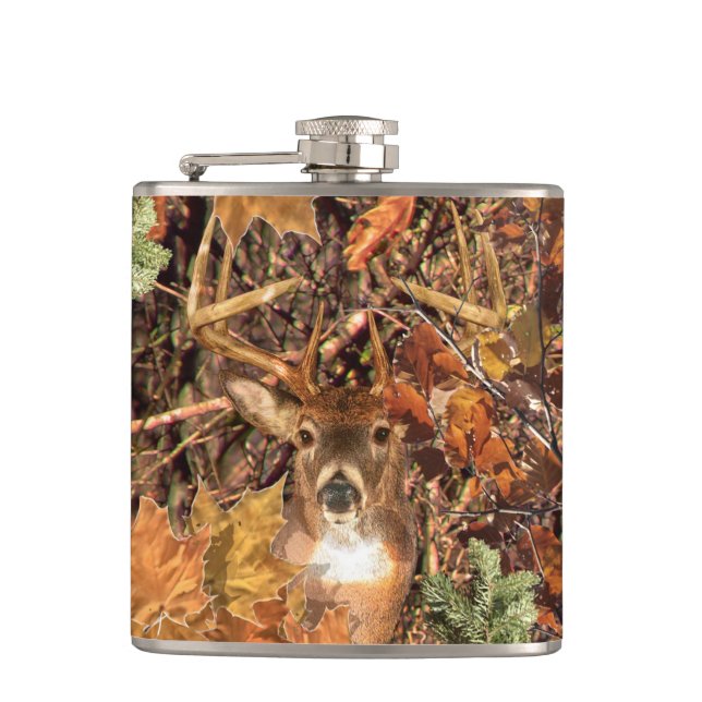 Buck in Fall Camo White Tail Deer Hip Flask (Front)
