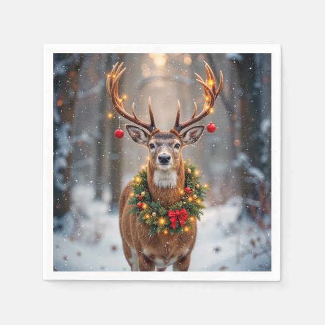 Buck In Snowflakes Wearing a Holiday Wreath Napkin (Front)